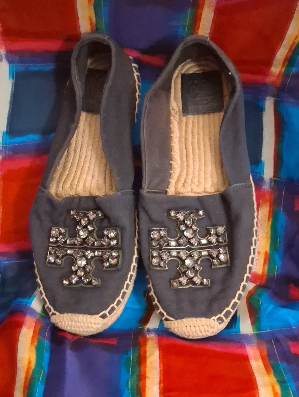 Tory Burch Navy Espadrille Flats with Crystal Logo